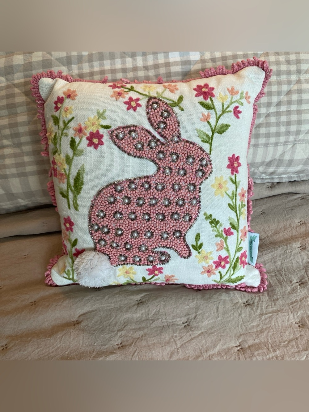Bunny Boulevard 12" x 12” Pastel Beaded Embroidered Bunny Rabbit  Pillow Easter